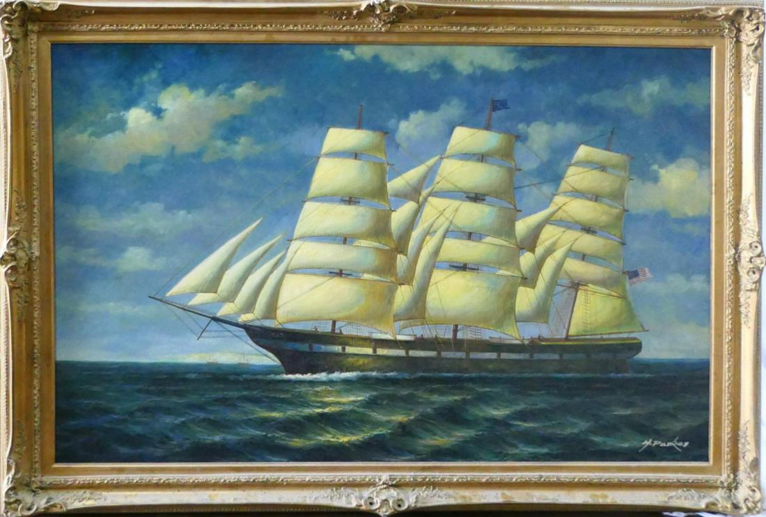 HUGE H.PARKER OIL PAINTING ON CANVAS SHIP AT SEA (1 of 6)