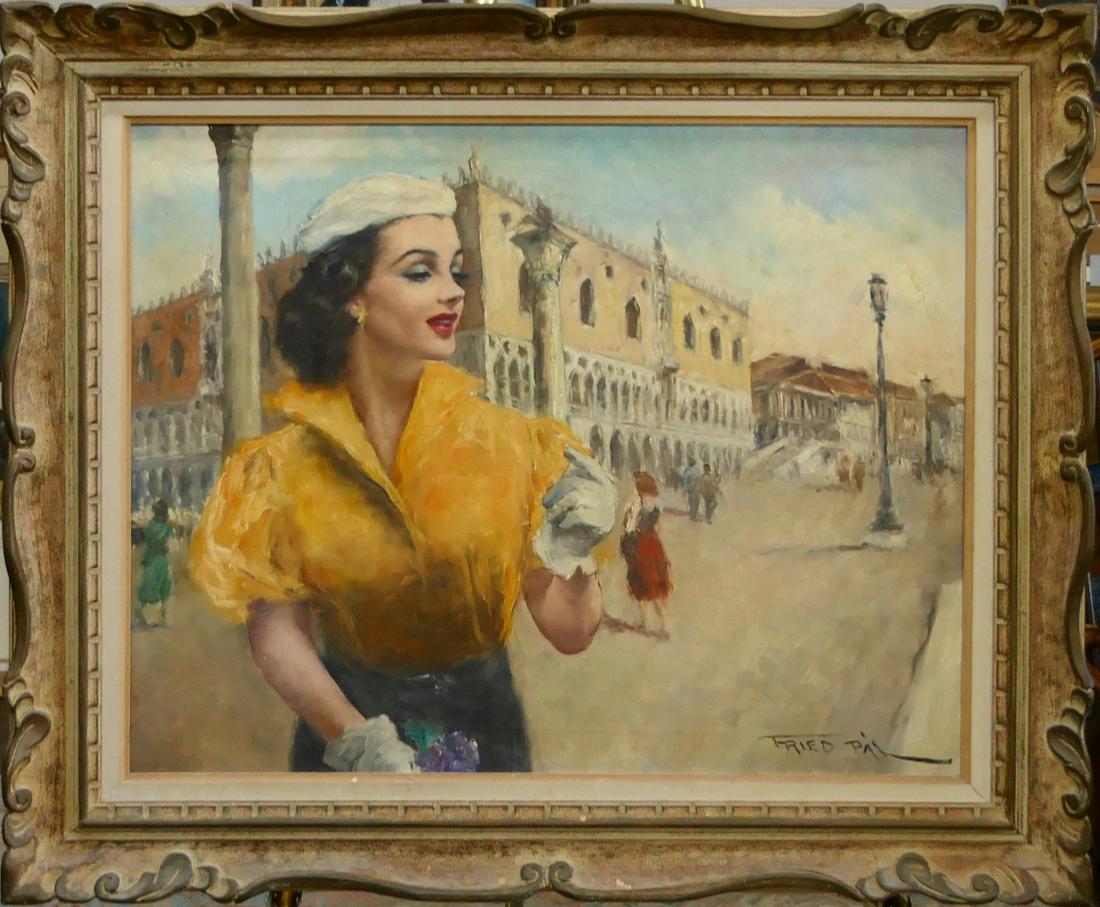 PAL FRIED OIL ON CANVAS HUNGARIAN/AMERICAN: Pal Fried oil on canvas street scene signed bottom right. Measures approx 23" x 29".