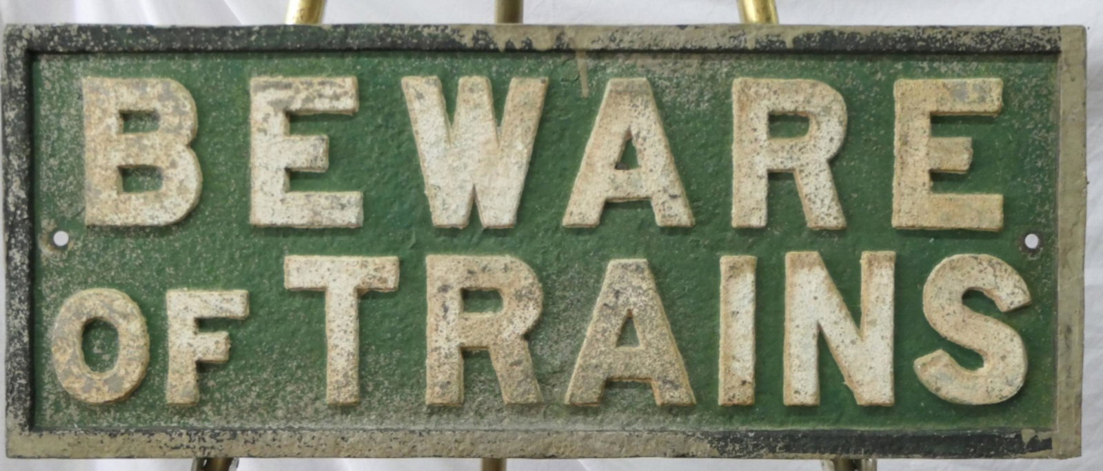 EARLY 20th CAST ALUMINUM "BEWARE OF TRAINS" SIGN (1 of 4)