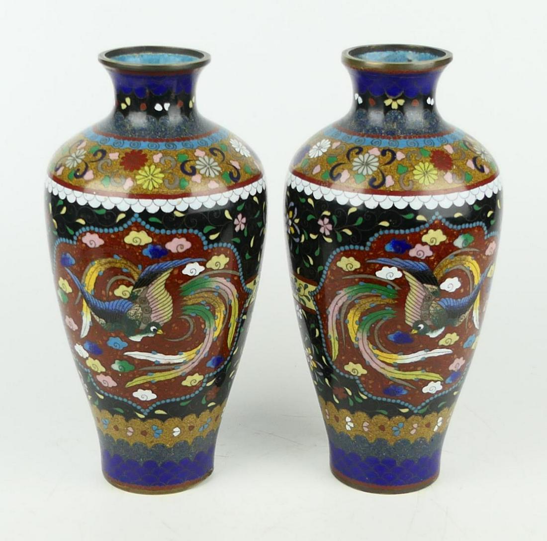 Pr VINTAGE CHINESE CHAMPLEVE ENAMEL PHOENIX VASES (1 of 4)