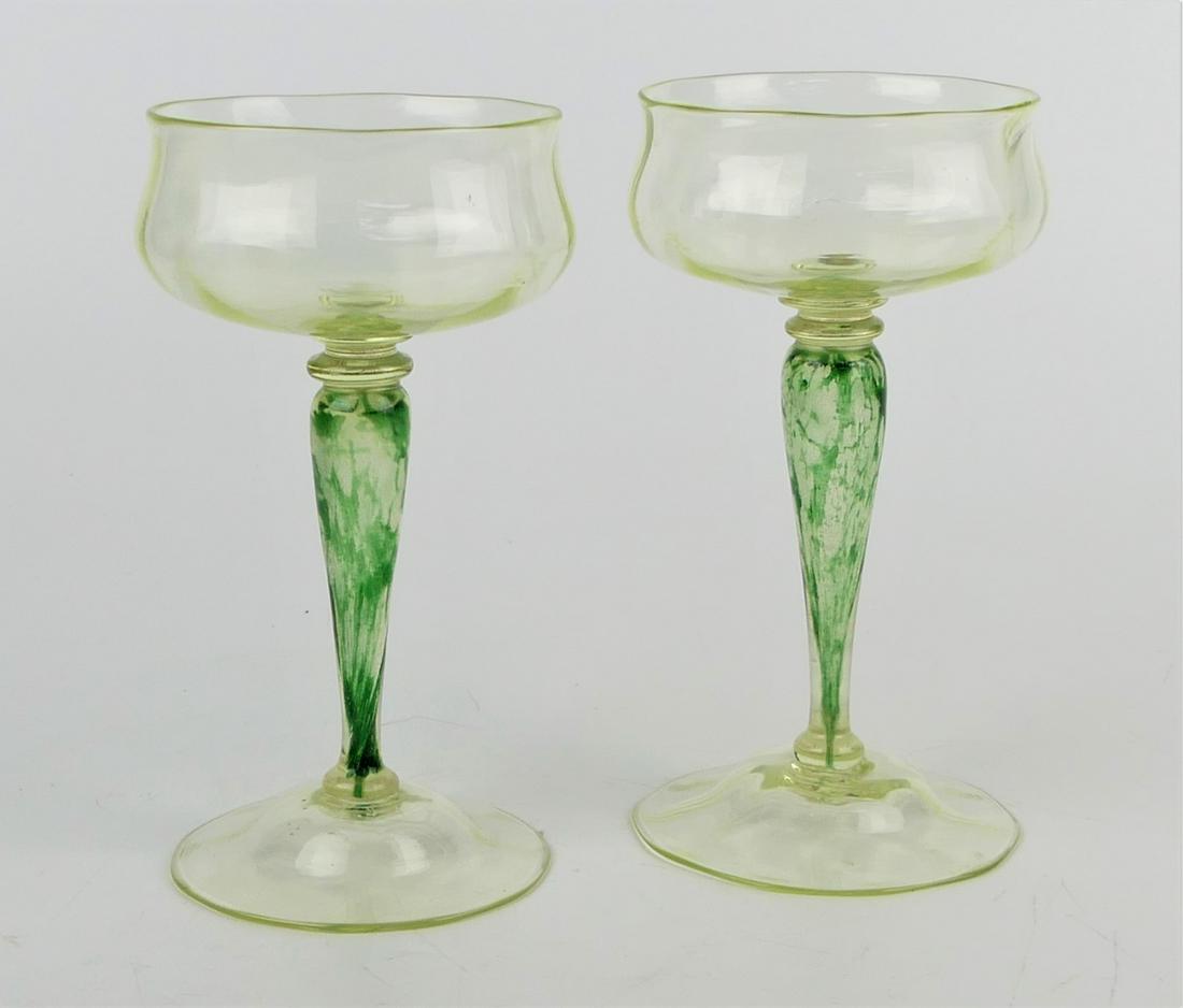 PR LOUIS COMFORT TIFFANY HAND BLOWN WINE GLASSES: PR LOUIS COMFORT TIFFANY HAND BLOWN WINE GLASSES, SIGNED TO BOTTOM. MEASURES 6 1/2" HEIGHT.