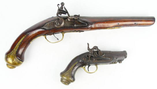 LOT OF 2 ANTIQUE REPLICA FLINTLOCK PISTOLS: A lot of 2 antique replica flintlock pistols. Largest measures approx. 15 1/4" length.