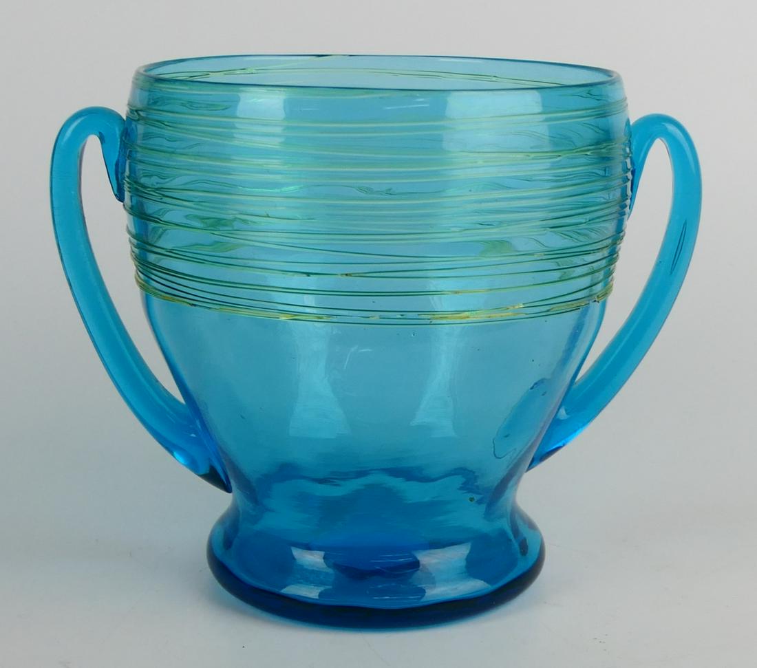 STEUBEN ART GLASS HANDLED VASE W/ APPLIED STRIPES (1 of 5)