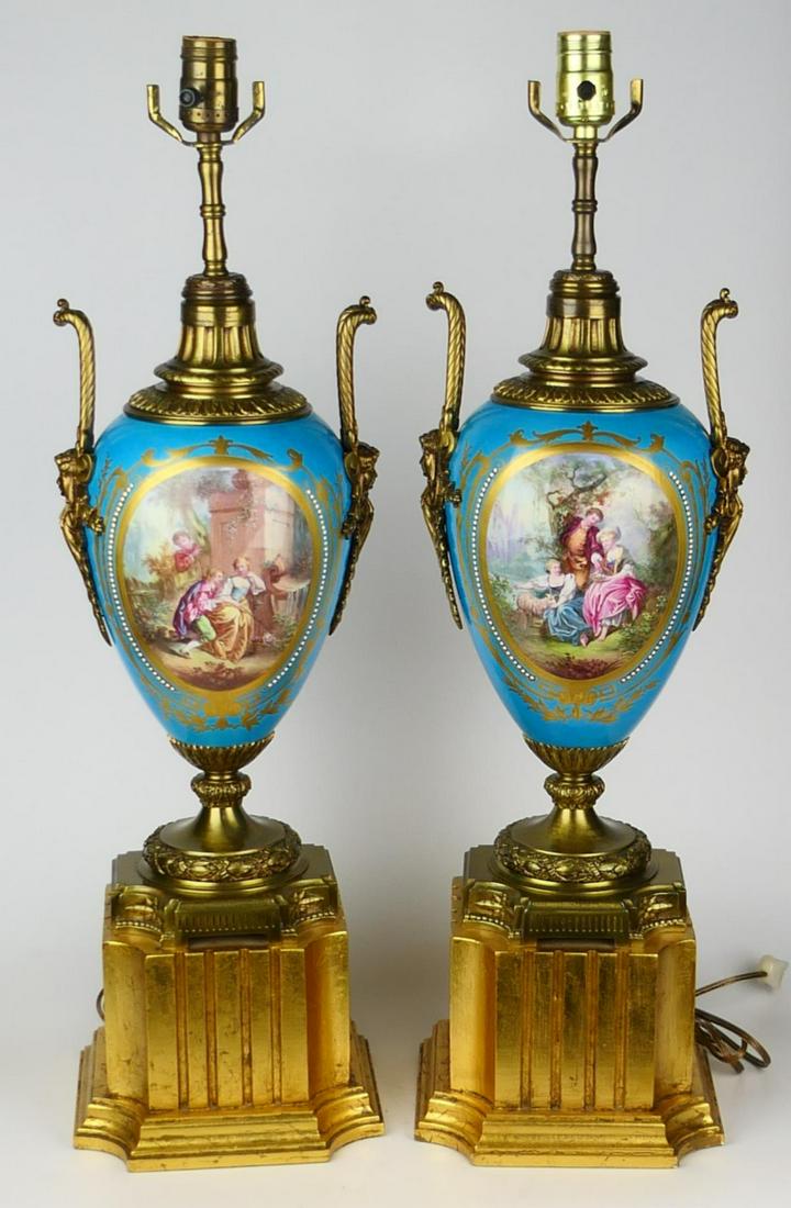 Pr SEVRES STYLE SCENIC PORCELAIN GILT METAL LAMPS (1 of 10)