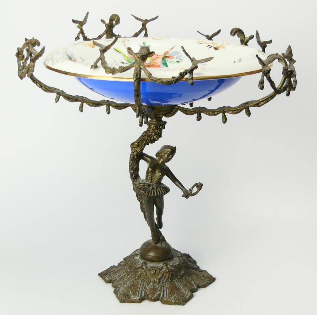 ANTIQUE SPANISH FAIANCE & GILT BRONZE COMPOTE: Antique probably Art Deco era compote made in Spain featuring a Spanish faiance porcelain hand painted floral bouquet bowl supported by a gilt bronze mounting depicting a ballerina holding a mirror ov