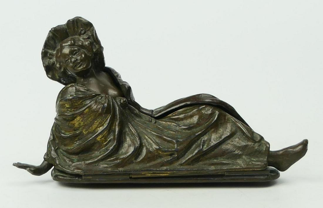 ANTIQUE JENNINGS BROTHERS NAUGHTY BRONZE LADY: Antique Art Nouveau Jennings Brothers naughty mechanical Austrian / Franz Bergman / Nam Greb style bronze sculpture depicting a reclining lady wrapped in a blanket. Opens to reveal the woman to be par