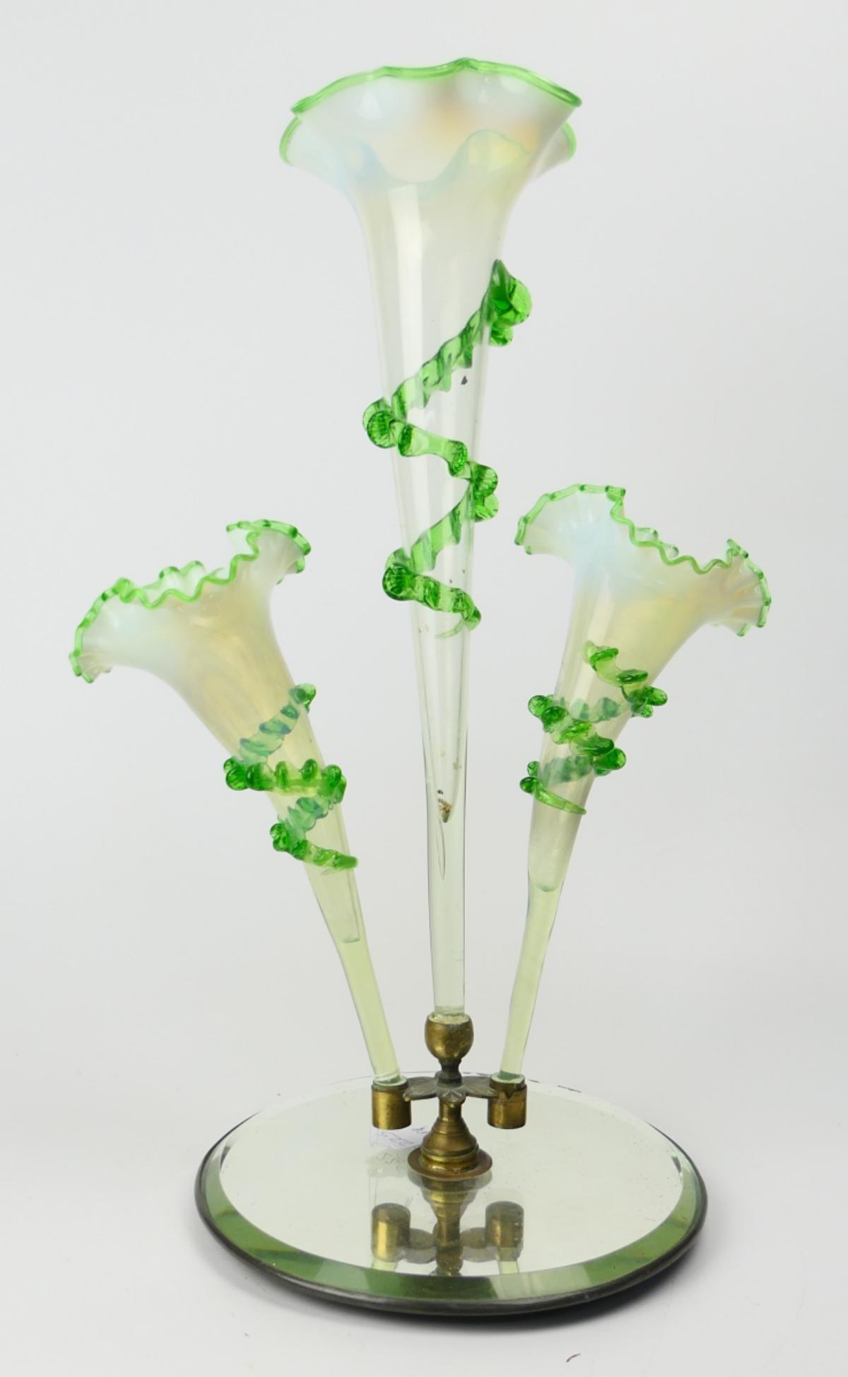 ANTIQUE EMERALD TO CLEAR OPALESCENT GLASS EPERGNE (1 of 5)
