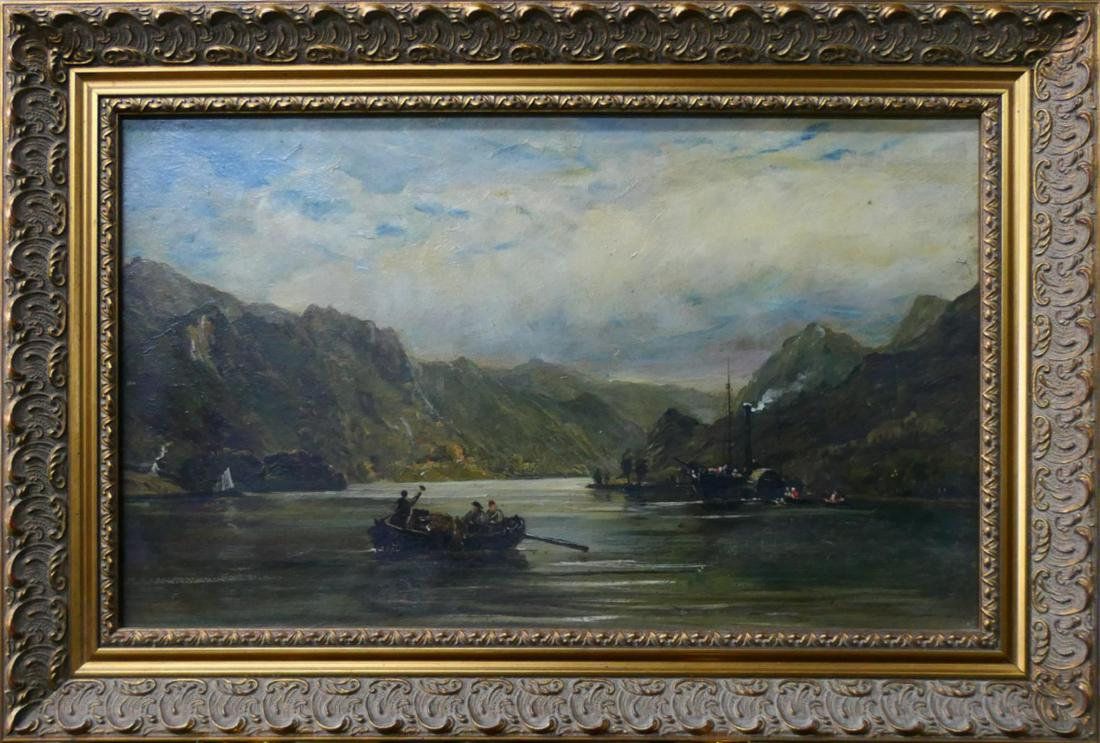 19th CENTURY AMERICAN SCHOOL OIL PAINTING ON BOARD: Antique 19th century oil painting on board depicting a river scene with figures in row boats and steam boats. Signature not apparent or obscurred. Mounted in a gold gilt wooden frame. Board measures a