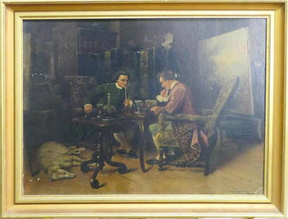 CONRAD MISSBACH (USA 19th/20th C) AFTER MEISSONIER: Conrad Missbach (AMERICAN / NEW YORK, 19th/20th Century) oil painting on masonite board depicting two men in a chamber playing chess after "Les Joueurs d'Echecs" by Jean-Louis-Ernest Meissonier (FRENC