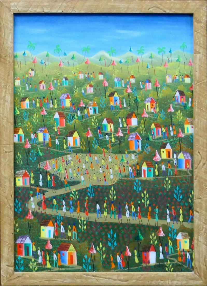 HAROLD ST JEAN (HAITI 1959) VILLAGE LANDSCAPE OIL: Harold Saint Jean Jacmel (HAITIAN, Born 1959) oil painting on canvas depicting a village landscape scene. Signed to lower right and dated 1978. Mounted in a wooden frame. Canvas on stretcher measures 
