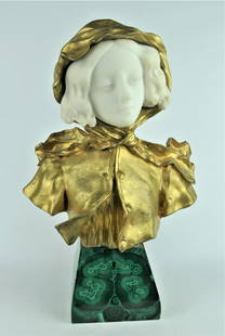 AFFORTUNATO GORY (1895 - 1925) BRONZE & MARLE BUST: SIGNED AFFORTUNATO GORY (FRENCH, ITALIAN 1895 - 1925) BRONZE & MARLE BUST ON MALACHITE BASE. MEASURES 16" HEIGHT.