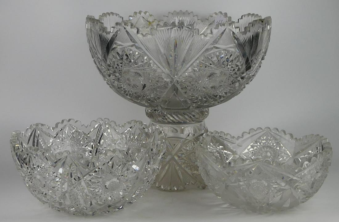 3 PCS ANTIQUE AMERICAN CUT CRYSTAL PUNCH BOWL (1 of 5)
