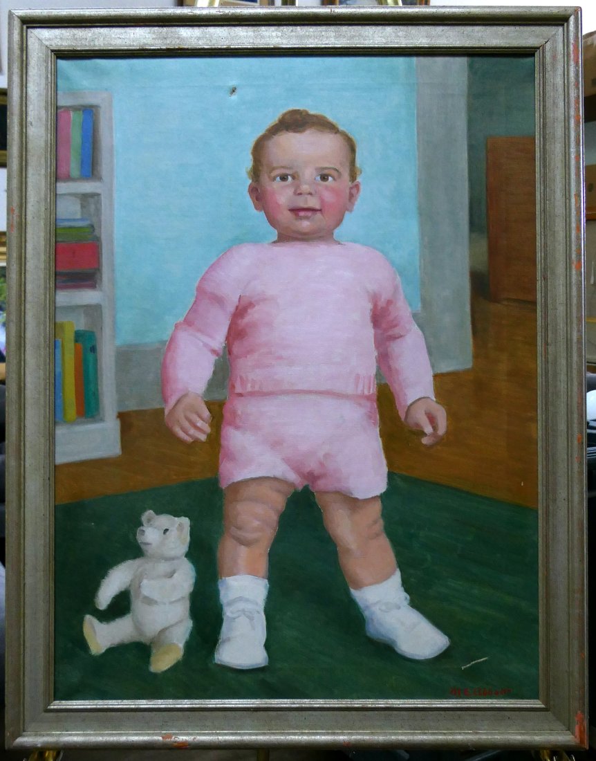 MARGUERITE E ABBOT (USA 1870-1953) OIL ON CANVAS: Marguerite Elizabeth Abbott (AMERICAN / CALIFORNIA, 1870 - 1953) oil painting on canvas depicting a standing toddler with teddy bear seen. Signed to lower right. Mounted in a silver painted wooden fra