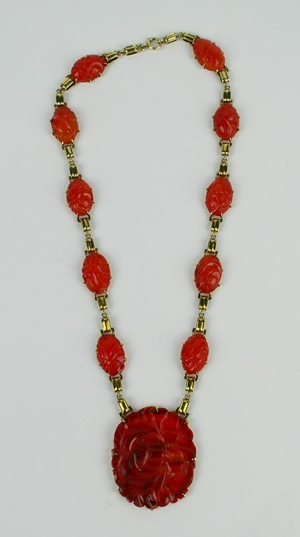 ESTATE 14K CHINESE CARNELIAN LOTUS NECKLACE (1 of 7)