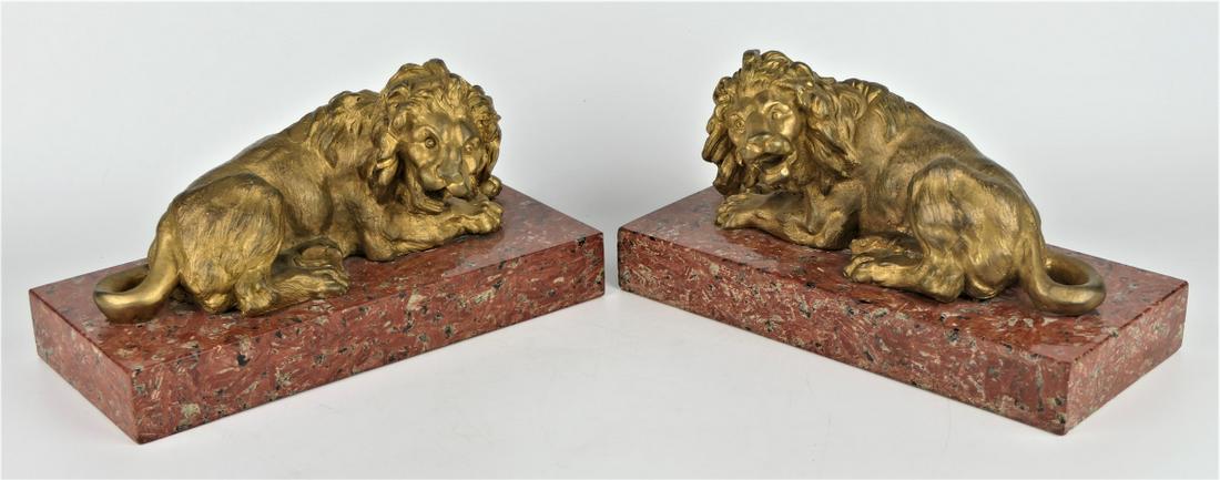 SOTHEBY'S PAIR GILT BRONZE LIONS ON ROUGE MARBLE (1 of 5)