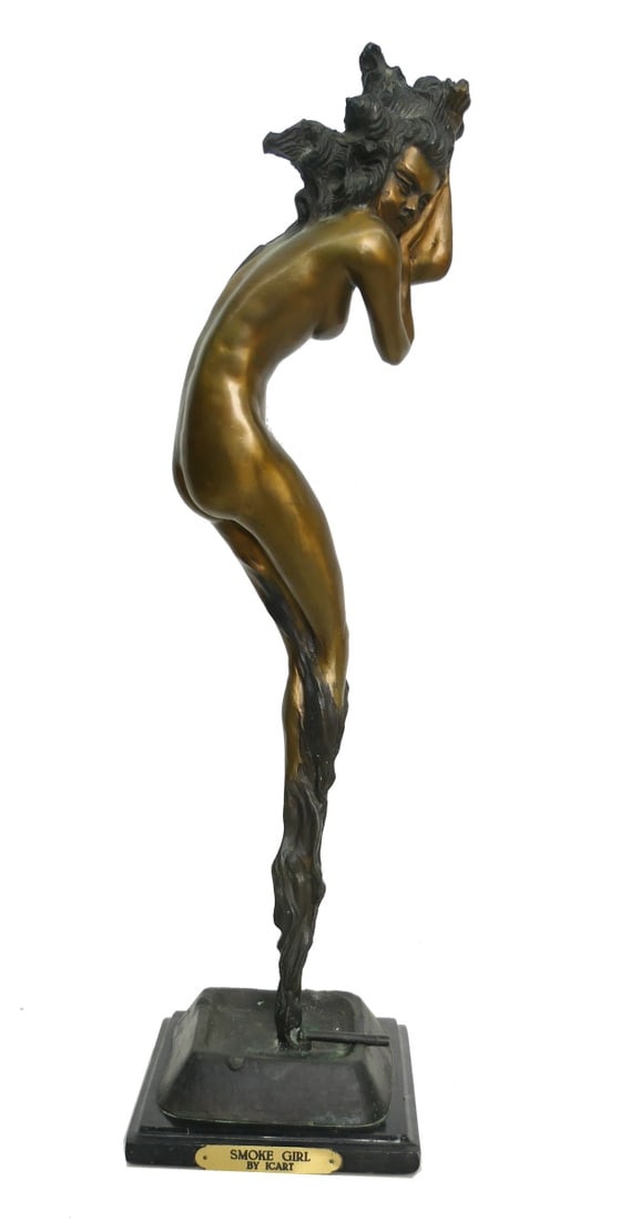 LOUIS ICART (French, 1888-1950) BRONZE "ILLUSIONS": SIGNED LOUIS ICART (French, 1888-1950) BRONZE TITLED "ILLUSIONS AKA SMOKE GIRL". DEPICTION IS OF A NUDE WOMEN RISING FROM THE SMOKE OF A CIGARETTE IN A ASH TRAY. MEASURES 27" HEIGHT INCLUDING MARBLE B