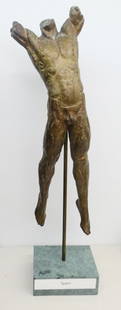 GUALBERTO ROCCHI (1914-2018) "SPACE" BRONZE: GUALBERTO ROCCHI (1914-2018) TITTLED "SPACE" BRONZE SCULPTURE OF ELEVATING FIGURE. MEASURES 38" HEIGHT. SIGNED TO BOTTOM OF FOOT.