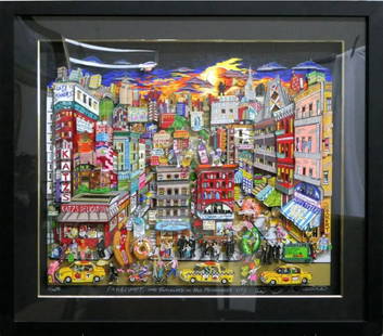 CHARLES FAZZINO 3D LIMITED EDITION 3D SERIGRAPH: CHARLES FAZZINO "FAHKLUMPT AND FAMISCHED IN THIS MESHUGENAH CITY" SILKSCREEN ON PAPER LIMITED EDITION 79/100, MEASURES 37" WIDTH BY 33" HEIGHT. Deluxe edition features three layers of hand cut