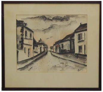 MAURICE De VLAMINCK (FRENCH, 1876-1958) ORIGINAL: Maurice de Vlaminck (FRENCH, Paris 1876–1958 Reuil-La-Gadelière) original ink, watercolor and gouache on paper depicting a Nesles, Northern France street scene. Work executed circa 1922. 