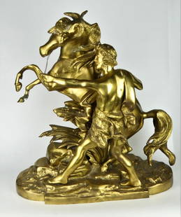 SIGNED PHIEFFER GILT BRONZE MAN & HORSE SCULPTURE: A large gilt bronze sculpture depicting a bearded man in primitive garb with horse. Signed "PHEIFFER" on base. Measures approx. 22" height x 22" width x 9" depth.