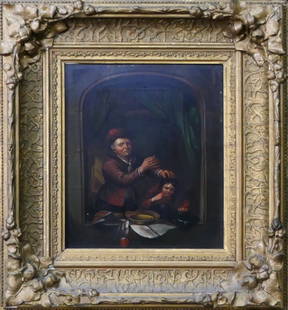 SIMON JOHANNES VAN DOU (1630-1677) OIL/COPPER: ATTRIBUTED Simon Johannes van Dou / Douw (FLEMISH, active 1630 - 1677) old Dutch master oil painting on copper titled "The Dentist". Signature not apparent. Mounted in a gesso gilt wooden