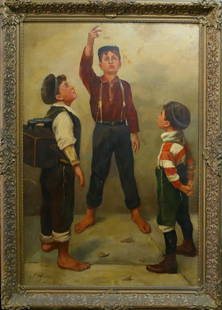 JOHN H. HENRICI (USA 1863-1958) "COIN TOSS" OIL: John Henry Henrici (AMERICAN / NEW YORK, 1863 - 1958) oil painting on canvas depicting three "Street Urchin" boys looking up as the tallest boy has flipped a coin in the air. Signed "John H.