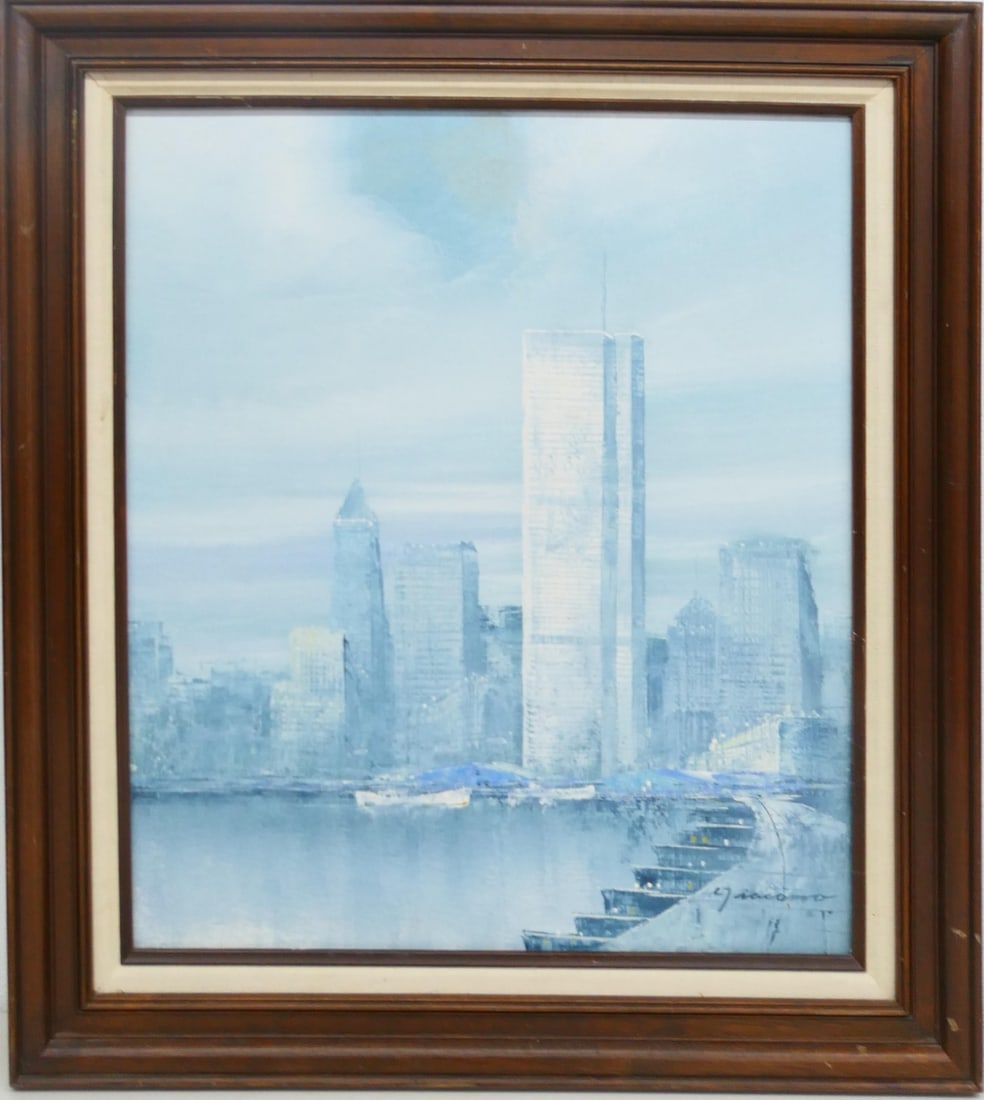 ERIC GIACOMA OIL PAINTING OF WORLD TRADE CENTER: SIGNED ERIC GIACOMA OIL PAINTING OF WORLD TRADE CENTER, MEASURES 30" BY 26".