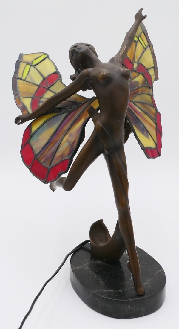 SIGNED BUTTERFLY TIFFANY STYLE BRONZE & GLASS LAMP (1 of 5)