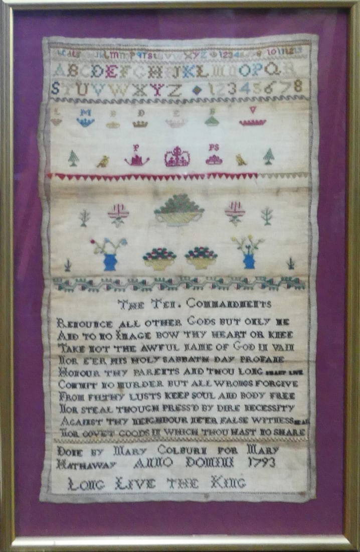 18th C English Silk 10 Commandments Cross Stitch Auction