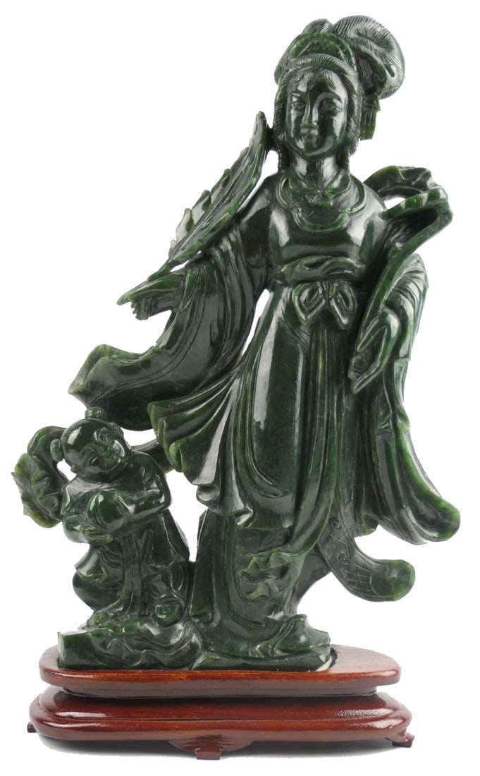 LARGE CHINESE DARK GREEN JADE MAIDEN SCULPTURE (1 of 12)
