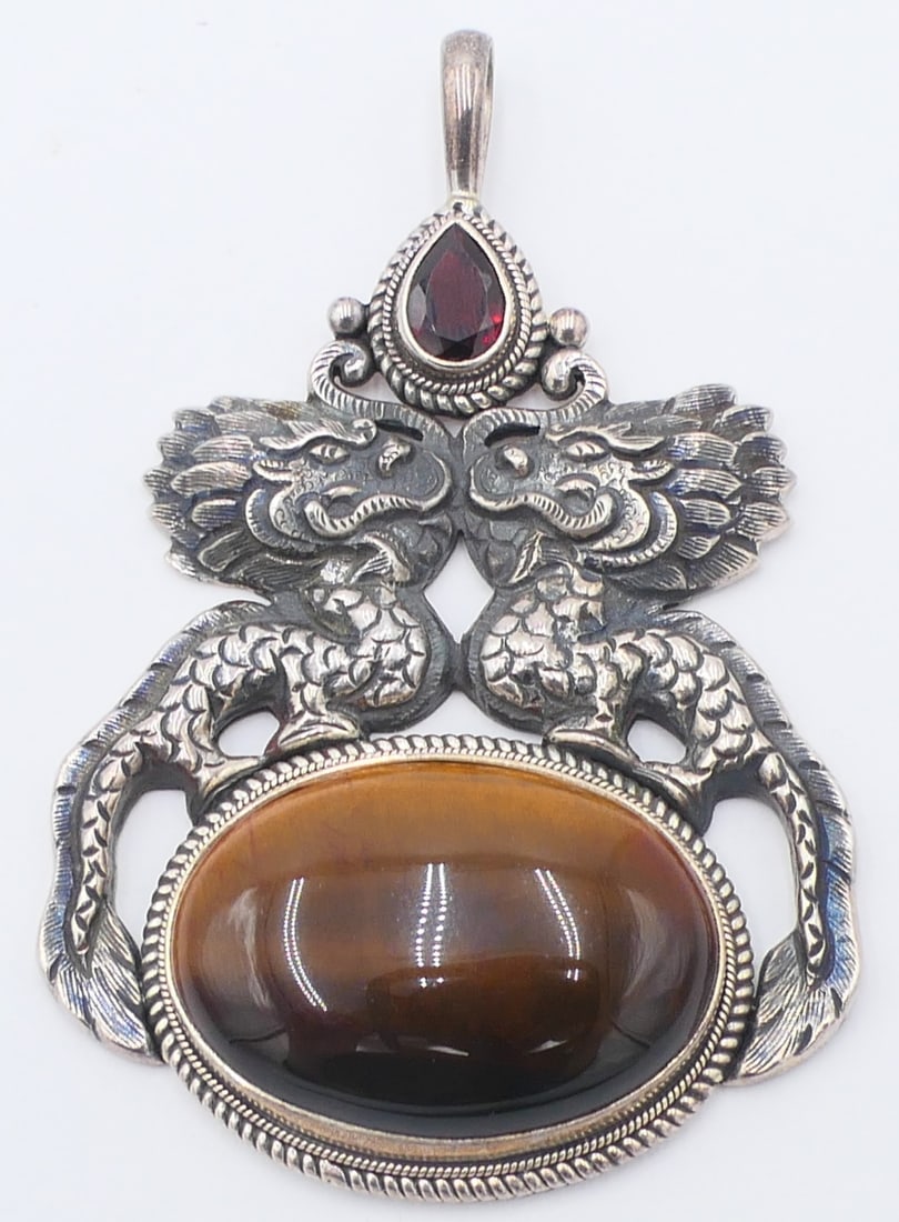 CHINESE STERLING SILVER & TIGER EYE DRAGON PENDANT (1 of 3)