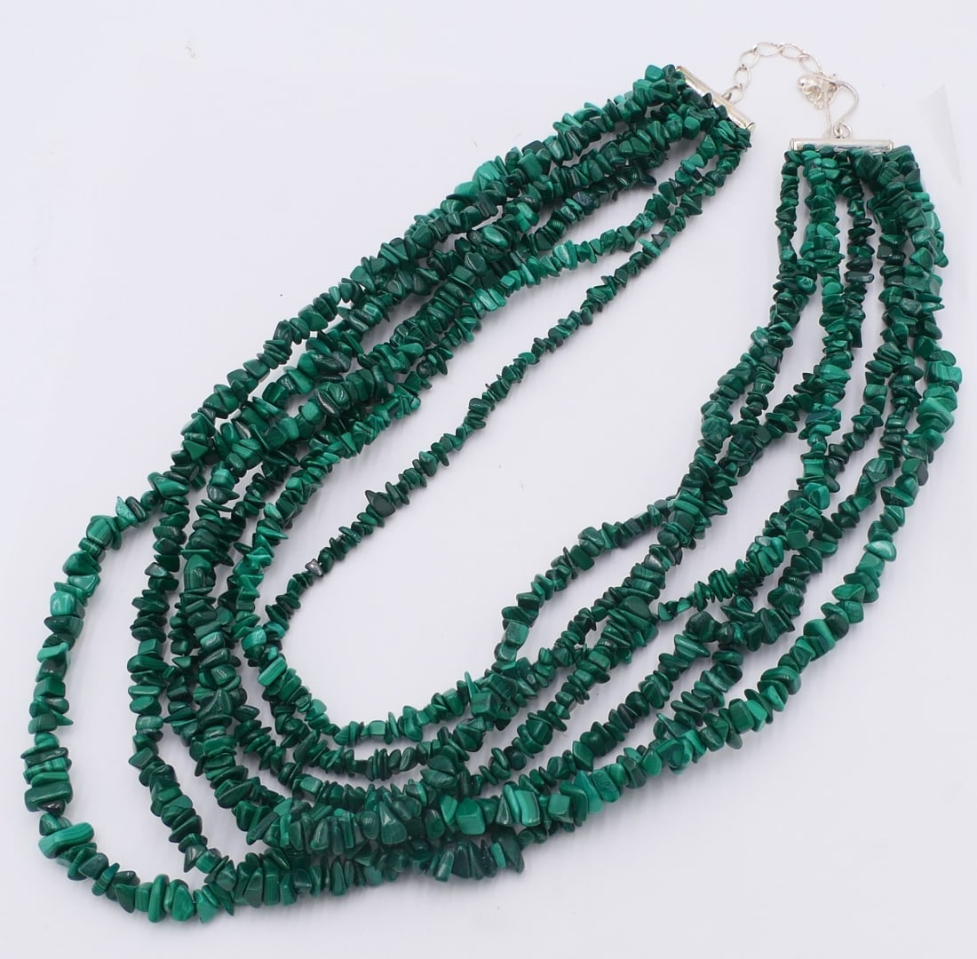 MALACHITE STERLING MULTI STRAND 18" NECKLACE: MALACHITE STERLING MULTI STRAND 18" NECKLACE