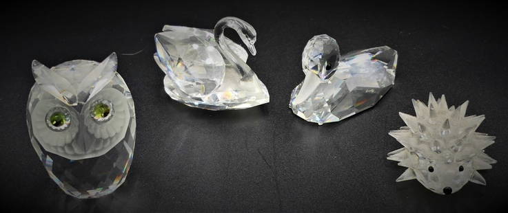 4 PC SWAROVSKI CRYSTAL ANIMAL COLLECTION: 4 PC SWAROVSKI CRYSTAL ANIMAL COLLECTION, OWL, DUCK, SWAN, AND HEDGEHOG, LARGEST MEASURES 3" HEIGHT.