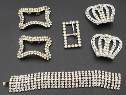 6 ANTIQUE RHINESTONE / CRYSTAL COSTUME COLLECTION: 6 ANTIQUE RHINESTONE / CRYSTAL COSTUME COLLECTION, LARGEST MEASURES 7.5" LENGTH.