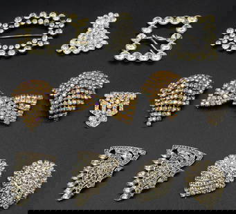 11 PC ANTIQUE RHINESTONE COSTUME COLLECTION: 11 PC ANTIQUE RHINESTONE COSTUME COLLECTION, LARGEST MEASURES 2.5" LENGTH.