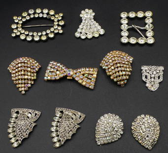 11 PC ANTIQUE RHINESTONE COSTUME COLLECTION: 11 PC ANTIQUE RHINESTONE COSTUME COLLECTION, LARGEST MEASURES 2.5" LENGTH.