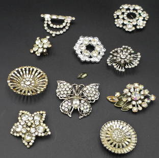 10 PC ANTIQUE RHINESTONE COSTUME COLLECTION: 10 PC ANTIQUE RHINESTONE COSTUME COLLECTION, LARGEST MEASURES 2".