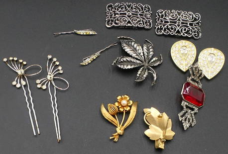 10 PC ANTIQUE RHINESTONE COSTUME COLLECTION: 10 PC ANTIQUE RHINESTONE COSTUME COLLECTION, LARGEST APPROX 2.5".