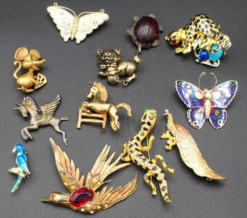 13 PC VINTAGE ANIMAL FIGURE BROOCH / PIN GROUP: 13 PC VINTAGE ANIMAL FIGURE BROOCH / PIN GROUP, LARGEST APPOX 3".