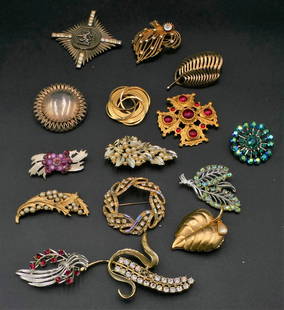 15 PC VINTAGE COSTUME BROOCH COLLECTION: 15 PC VINTAGE COSTUME BROOCH COLLECTION, LARGEST APPROX 3",