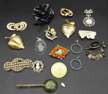 15 PC VINTAGE COSTUME BROOCH COLLECTION: 15 PC VINTAGE COSTUME BROOCH COLLECTION, LARGEST APPROX 3".