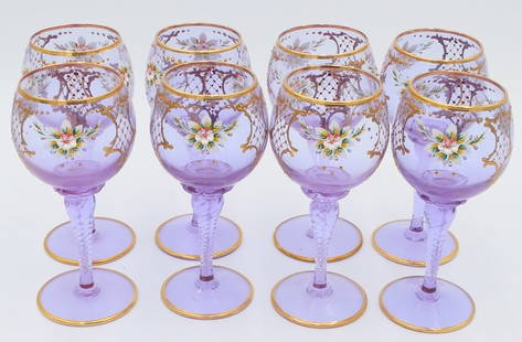 8 PC FINE BOHEMAIN APPLIED PORCELAIN WINE GLASSES: 8 PC FINE BOHEMAIN APPLIED PORCELAIN WINE GLASSES, MEASURES 7" HEIGHT.