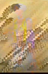 B. PRABHA (INDIAN 1933-2001) OIL PAINTING: ATTR B. PRABHA (INDIAN 1933-2001) OIL PAINTING ON CANVAS. (NOTE: NOT FRAMED) IMAGE MEASURES 37" BY 24". NO COA AVAILABLE.