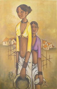 B. PRABHA (INDIAN 1933-2001) OIL PAINTING: ATTR B. PRABHA (INDIAN 1933-2001) OIL PAINTING ON CANVAS. (NOTE: NOT FRAMED) IMAGE MEASURES 37" BY 24". NO COA AVAILABLE.