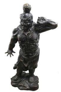 ANTIQUE CHINESE BRONZE TEMPLE WARRIOR 48" FIGURE: IMPRESSIVE ANTIQUE LARGE 48" HEIGHT CHINESE BRONZE FIGURE OF A TEMPLE WARRIOR.