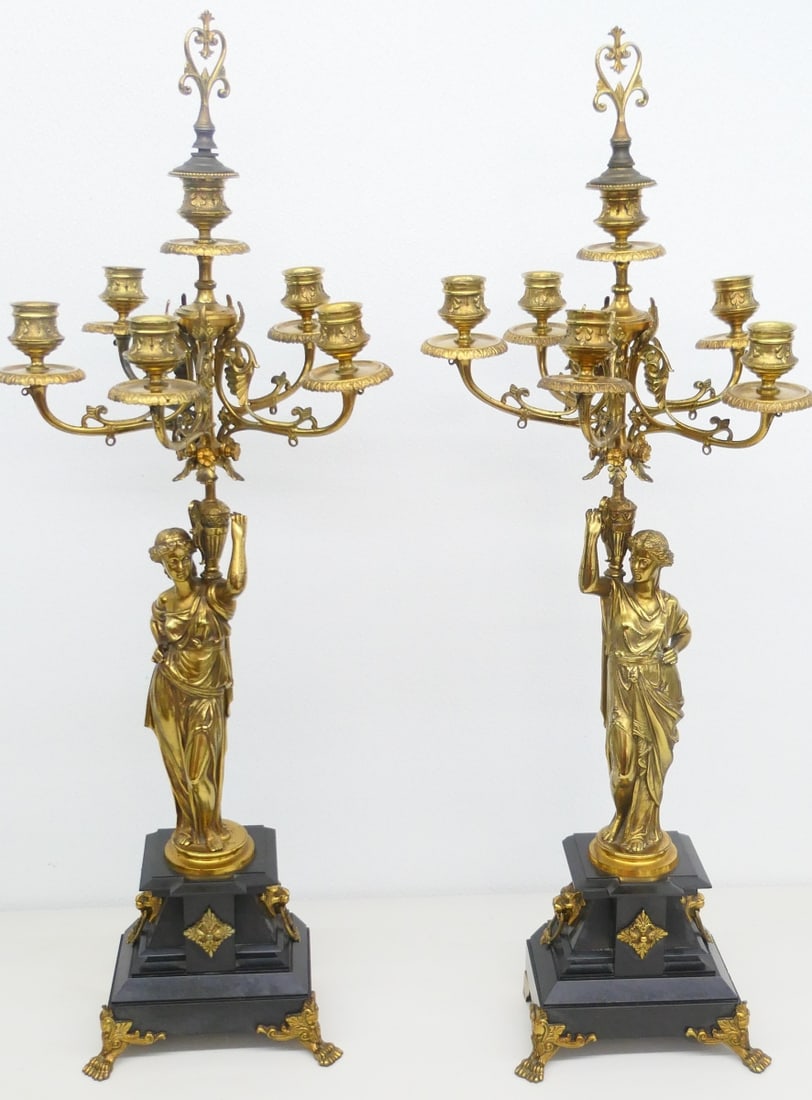 IMPRESSIVE PAIR FRENCH BRONZE FIGURAL CANDLABRAS (1 of 8)