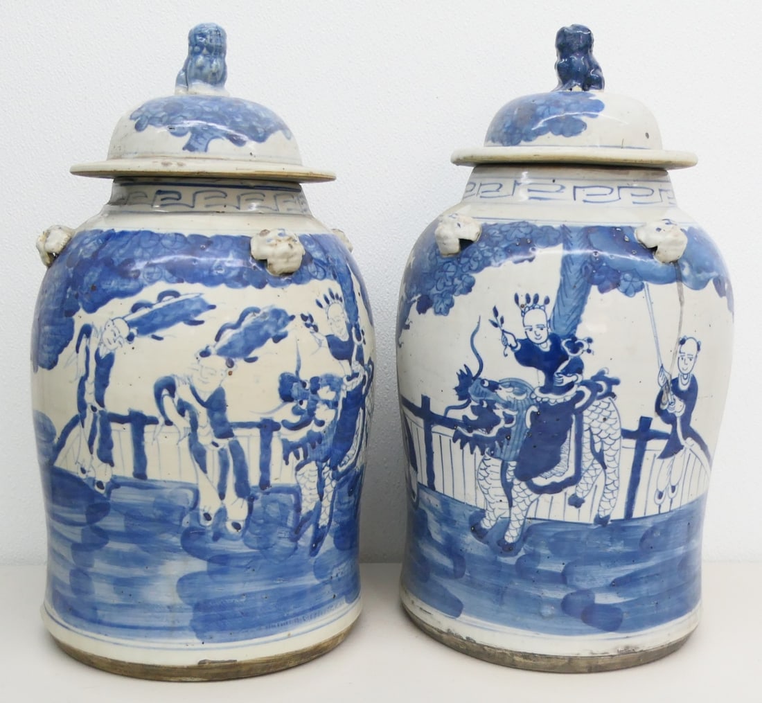 ANTIQUE PAIR CHINESE BLUE & WHITE GINGER JARS (1 of 11)