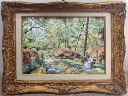 HUGHES CLAUDE PISSARRO (French, b. 1935-) ORIGINAL: ORIGINAL OIL PAINTING ON CANVAS BY:HUGHES CLAUDE PISSARRO (French, b. 1935-) WOMEN SITTING IN PARK (SIGNED LOWER RIGHT) HELISE AU BOIS DE CERISY MEASURES 24 BY 21 1/2 IN PLUS 5" FRAME.FROM WILLIAM DOY