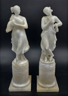 19TH.C ALABASTER CLASSICAL MAIDENS ON PILLARS: 19TH.C ALABASTER CLASSICAL MAIDENS ON PILLARS, MEASURES 13 1/2" HEIGHT.