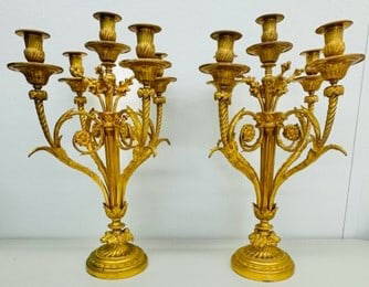 ANTIQUE FRENCH DORE BRONZE 5 ARM CANDLEABRAS: ANTIQUE FRENCH DORE BRONZE 5 ARM CANDLEABRAS DRAPPED IN DESIGN WITH FLORAL ARRANGMENTS, MEASURES 22" HEIGHT,